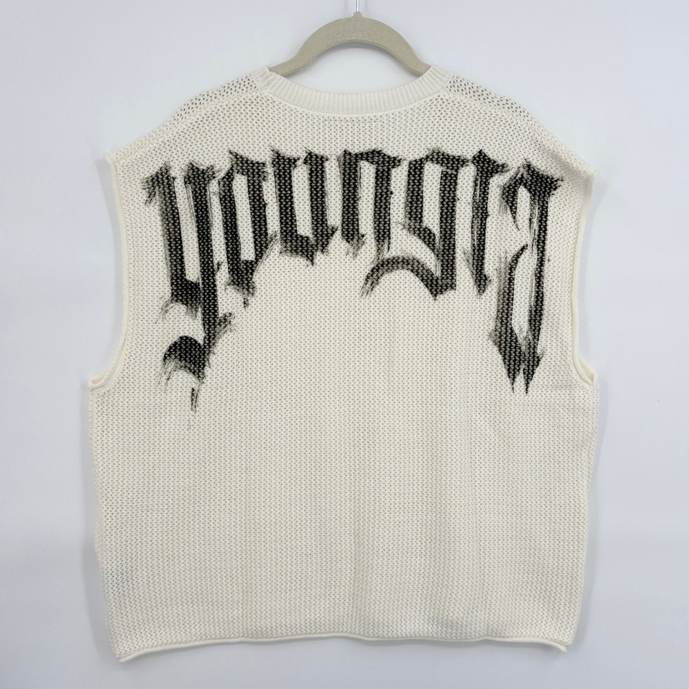 YoungLA Mens M Sweater 3012 Drop Shoulder Knit Cut-Off Cream Mesh Knit Gothic